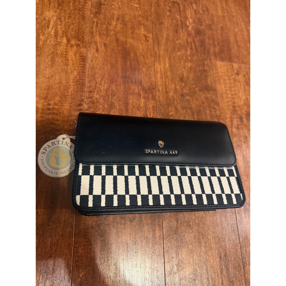 Spartina 449 Black Leather Linen Geometric Crossbody Clutch Bag NWT